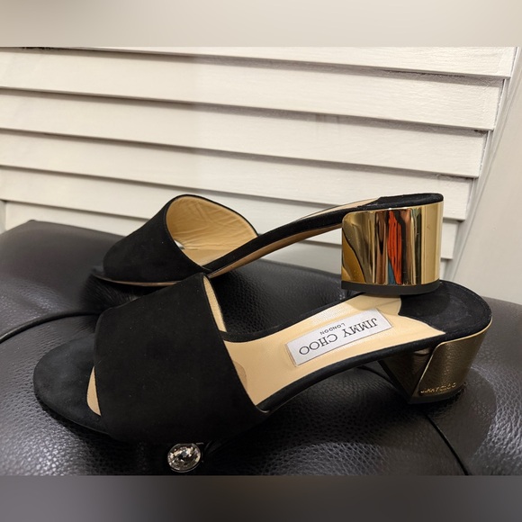 Jimmy Choo Shoes - Jimmy Choo Black Suede Gold Block Heel Mules | Size EU 40 / US 9
